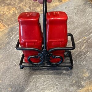 Red Salt and Pepper Shakers with Holder